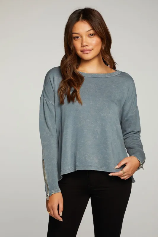Slub French Terry Long Sleeve Open Neck Pullover with Zippers sold by Chaser