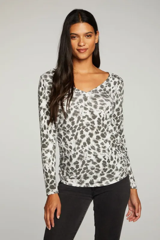 Recycled Vintage Rib Long Sleeve Deep V Neck Tee With Shirring sold by Chaser