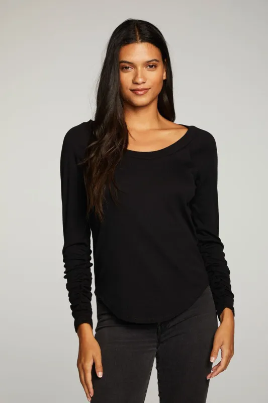 Recycled Vintage Rib Shirred Long Sleeve Scoop Neck Shirttail Tee sold by Chaser