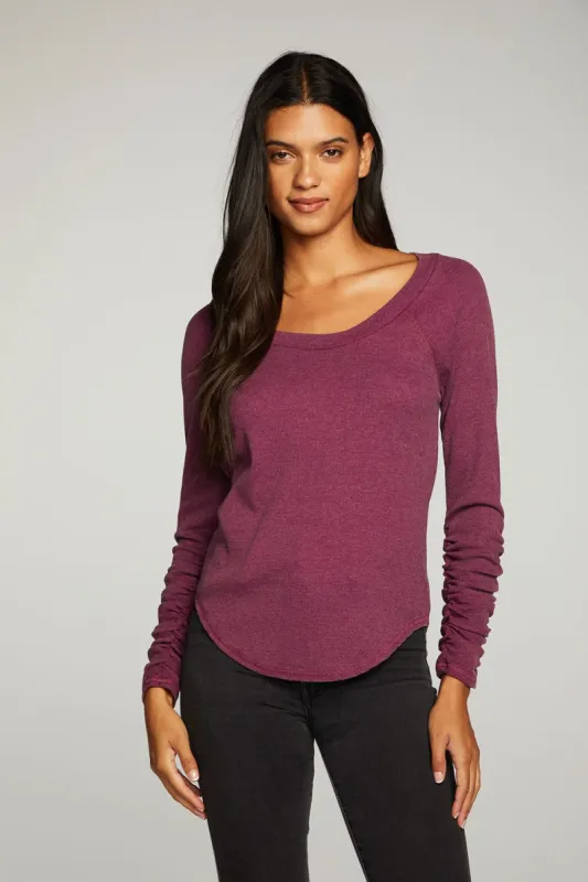 Recycled Vintage Rib Shirred Long Sleeve Scoop Neck Shirttail Tee sold by Chaser