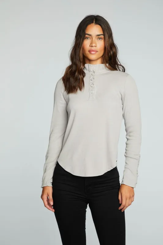 Recycled Vintage Rib Long Sleeve Snap Detail Mock Neck Pullover sold by Chaser