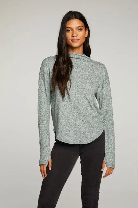 Linen Rib Long Sleeve Mock Neck Shirttail Tee with Thumbholes sold by Chaser