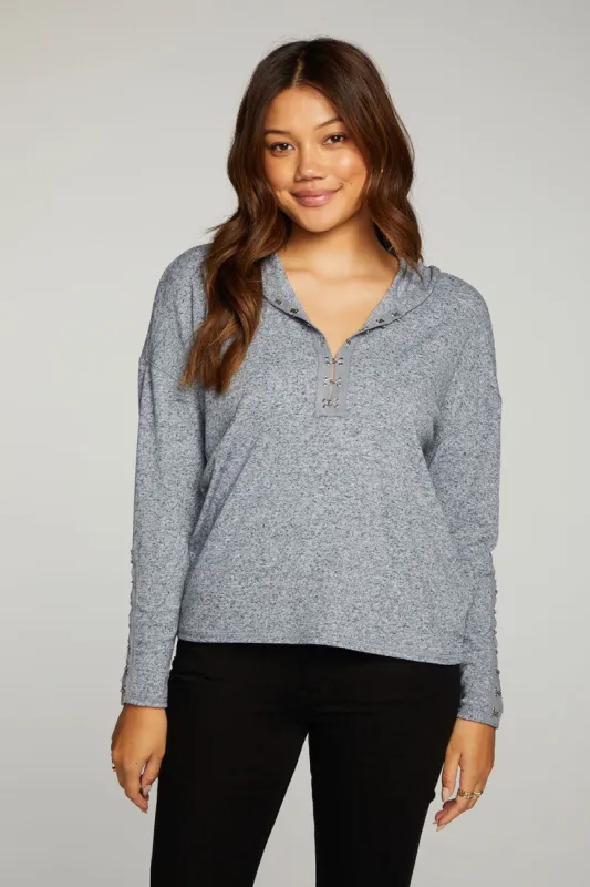 Linen Rib Long Sleeve Drop Shoulder Hook And Eye Pullover Hoodie sold by Chaser