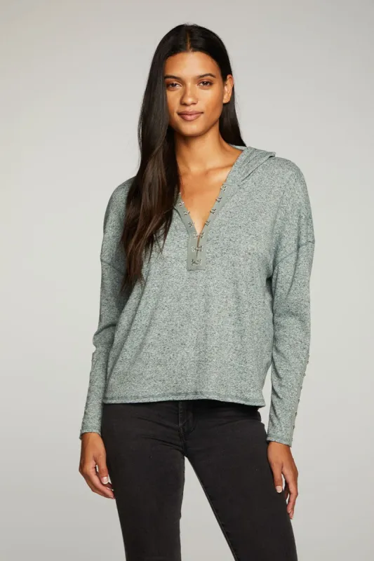 Linen Rib Long Sleeve Drop Shoulder Hook And Eye Pullover Hoodie sold by Chaser