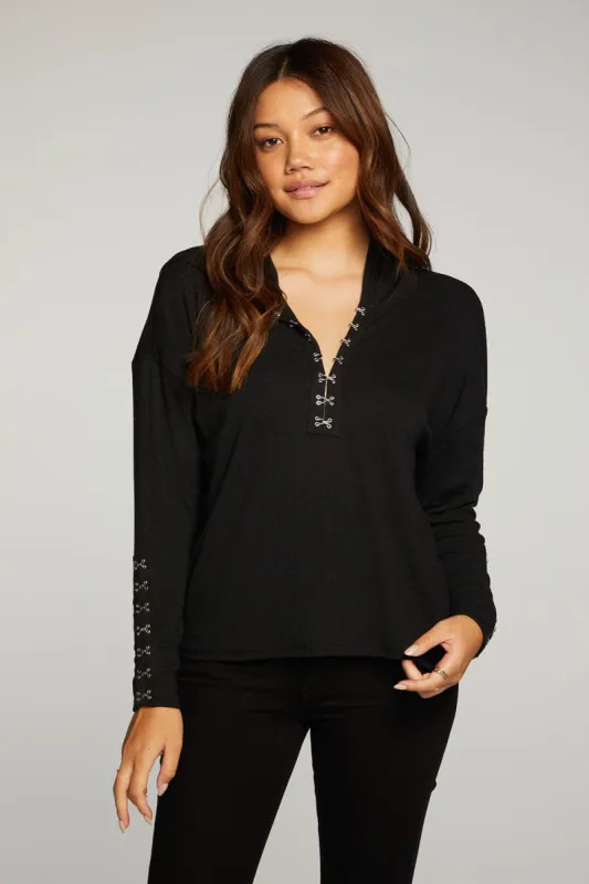 Linen Rib Long Sleeve Drop Shoulder Hook And Eye Pullover Hoodie sold by Chaser