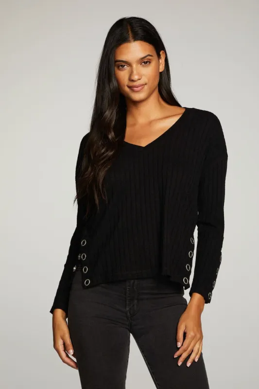 Poor Boy Rib Long Sleeve V Neck Drop Shoulder Tee With Snaps sold by Chaser