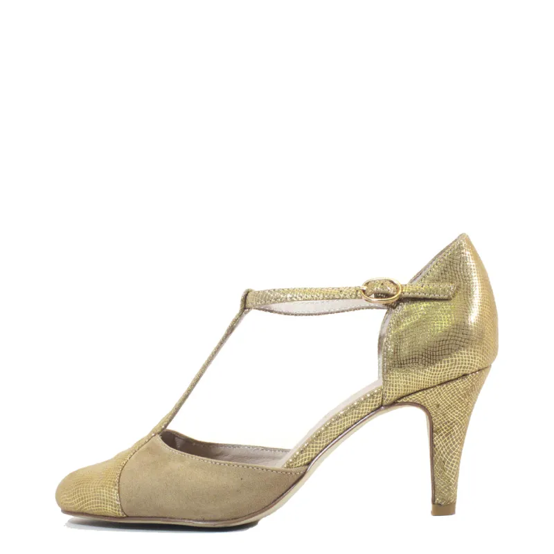 Mimosa T-Strap Gold Heels sold by chelsea crew