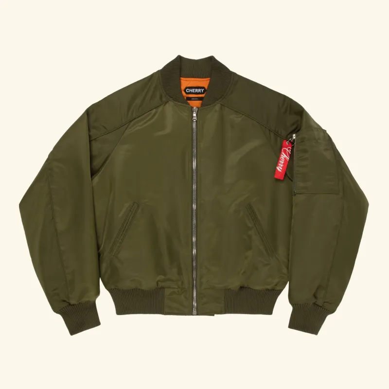 Satin Bomber Jacket (Olive) sold by Cherry LA