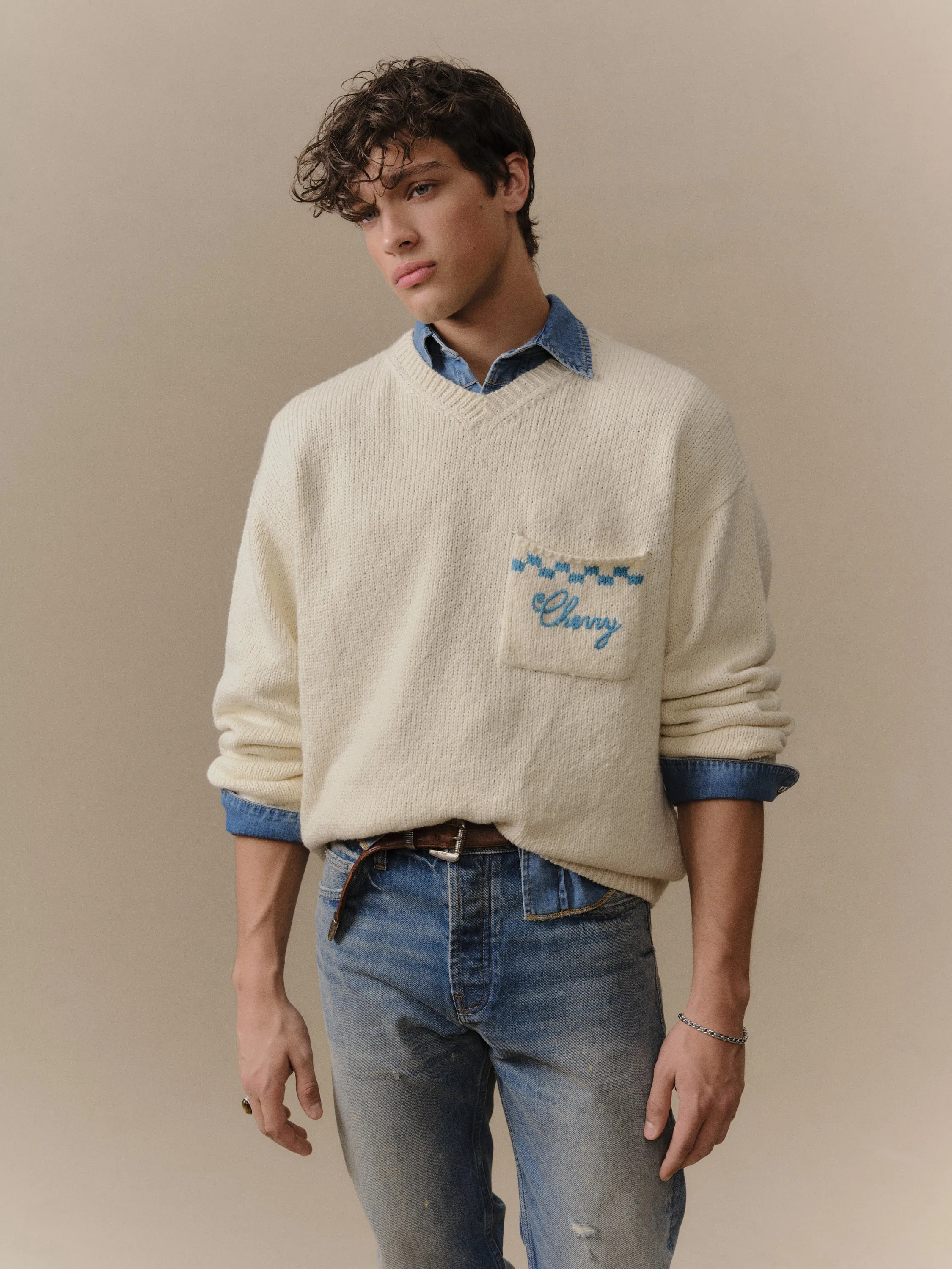 Motors Knit V Neck (Cream) sold by Cherry LA product image thumbnail 3