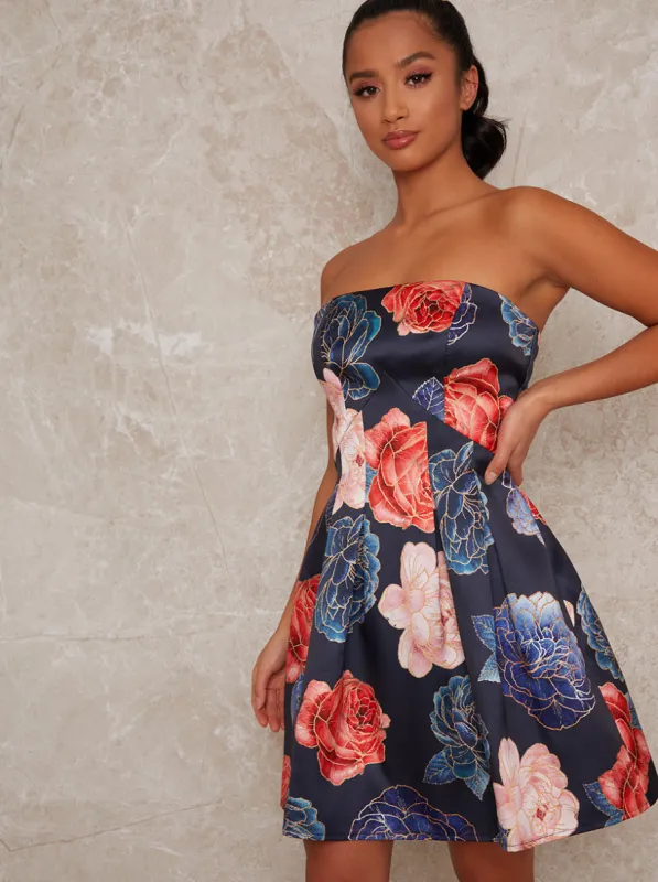 Petite Floral Bandeau Mini Dress in Navy sold by Chi Chi London