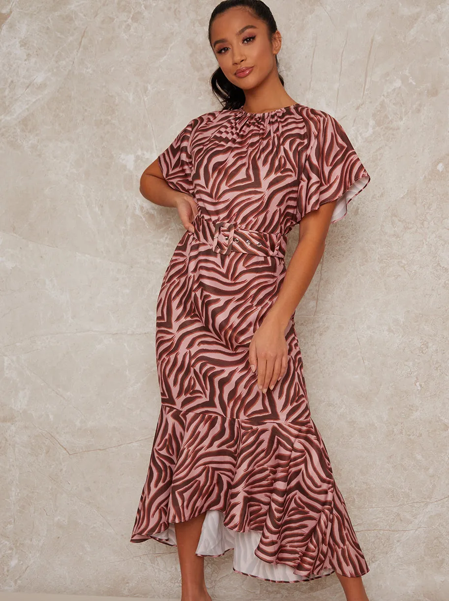 Petite Animal Print Angel Sleeve Dress in Pink sold by Chi Chi London