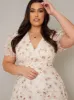 Plus Size Puff Sleeve Print Midi Dress in Cream sold by Chi Chi London