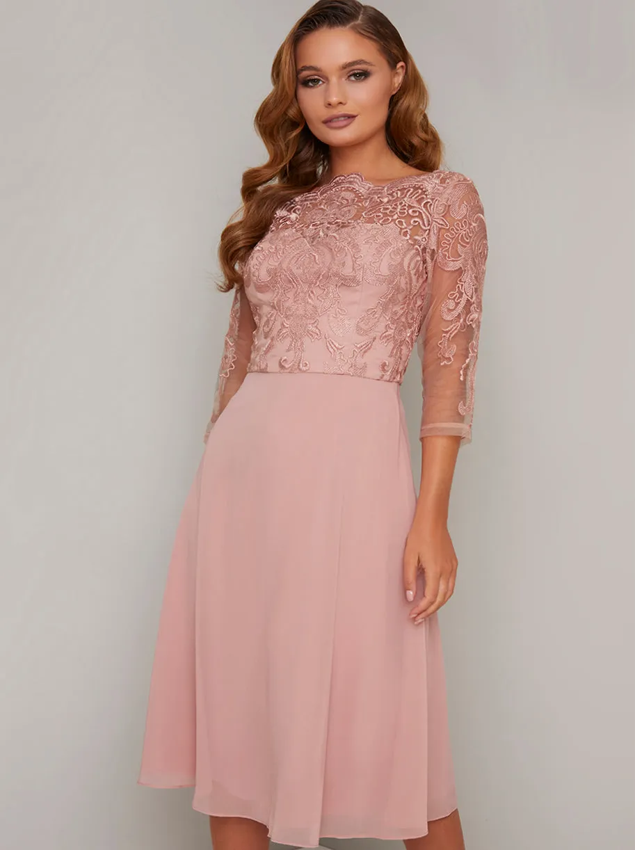 Rose Gold Midi Lace Bodice Dress sold by Chi Chi London