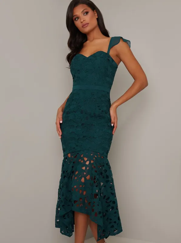 Ruffle Hem Lace Crochet Bodycon Dip Hem Dress in Green sold by Chi Chi London