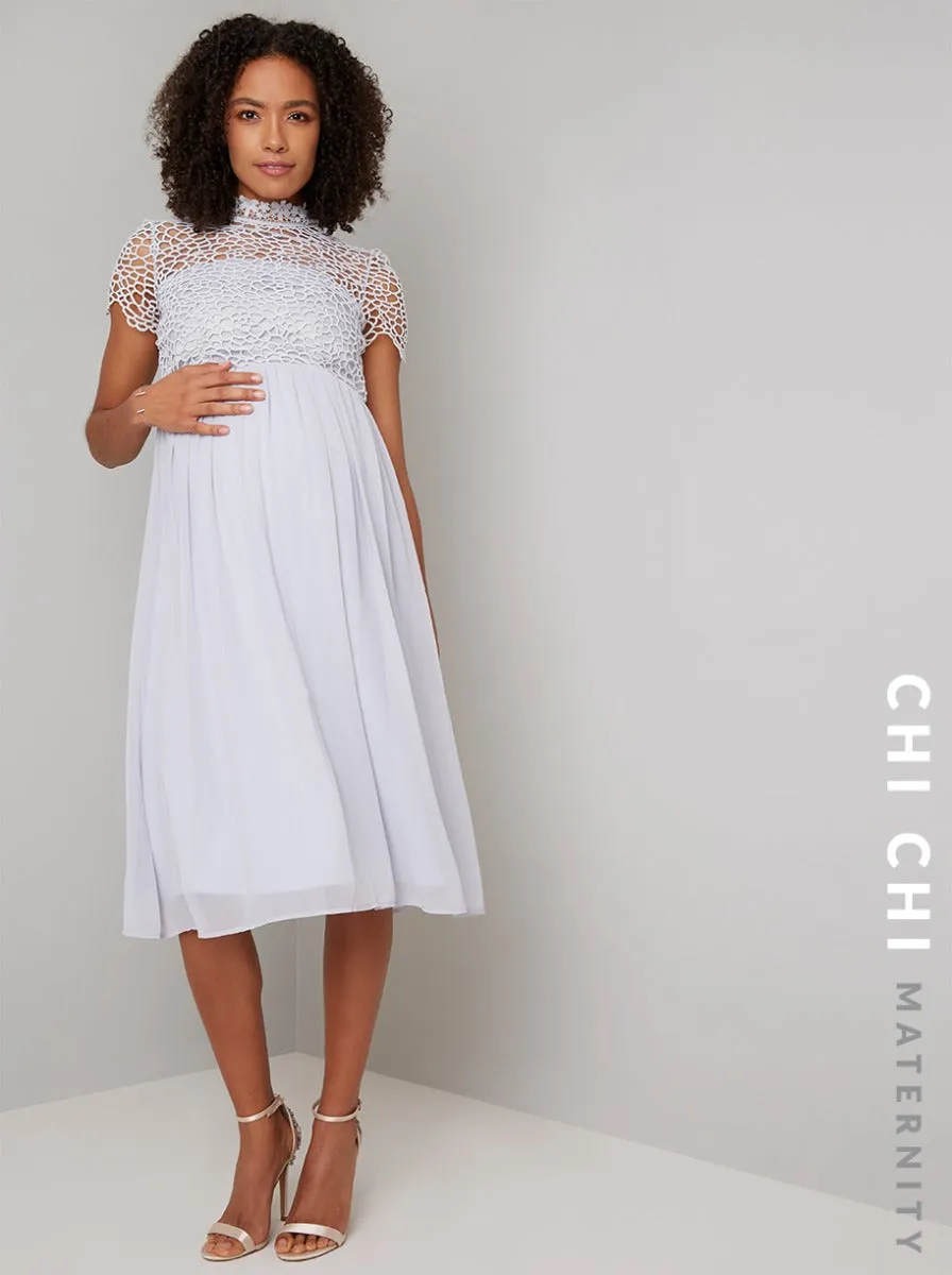 Maternity Lace Bodice Chiffon Midi Dress in Blue sold by Chi Chi London