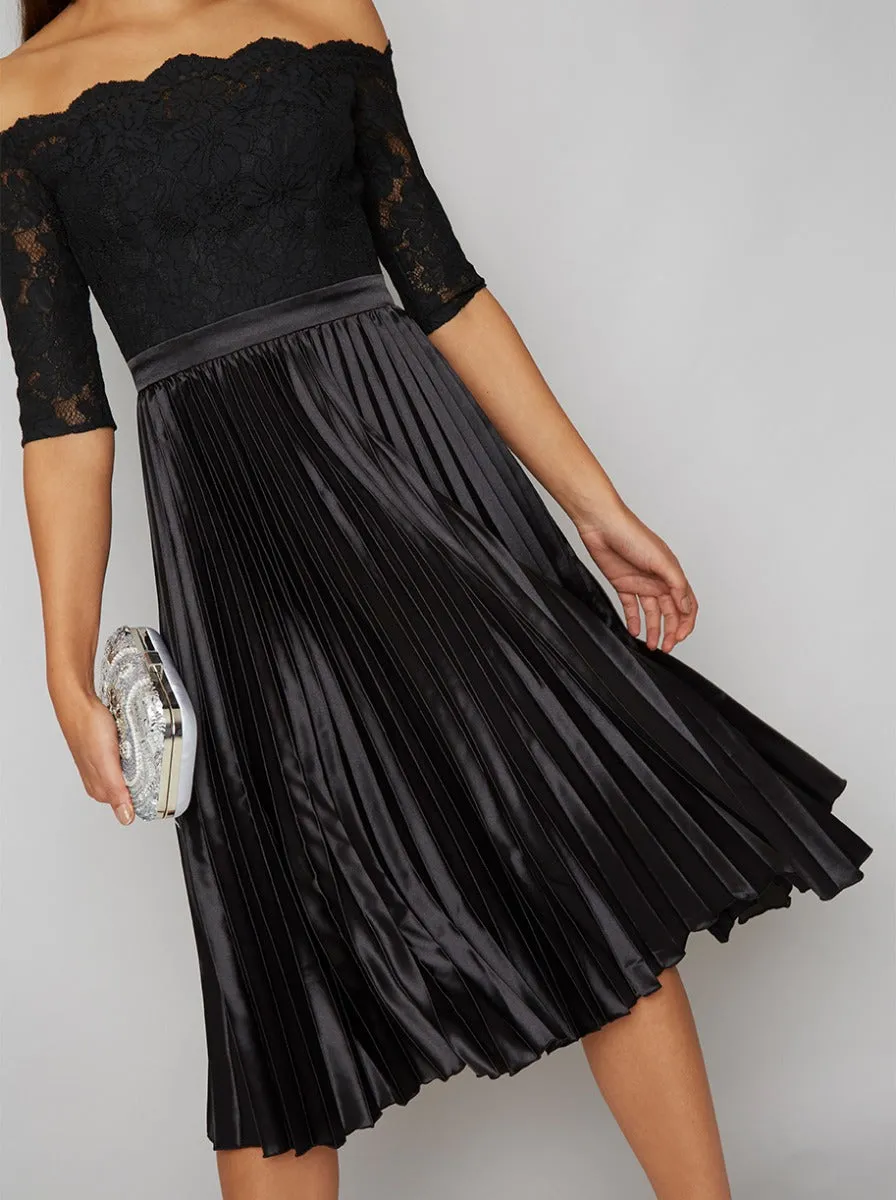 Bardot Lace Bodice Satin Pleat Midi Dress in Black sold by Chi Chi London product image thumbnail 2