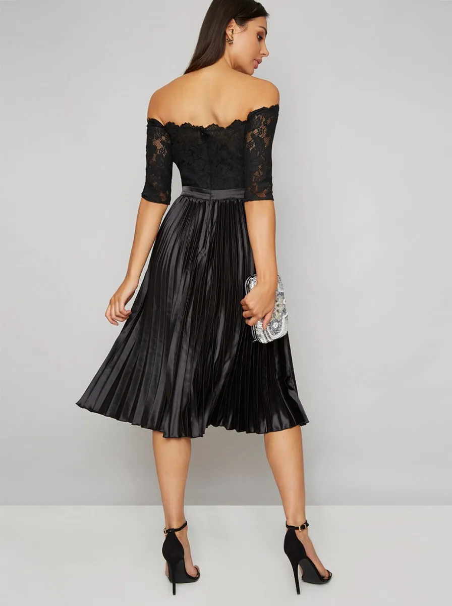 Bardot Lace Bodice Satin Pleat Midi Dress in Black sold by Chi Chi London product image thumbnail 4