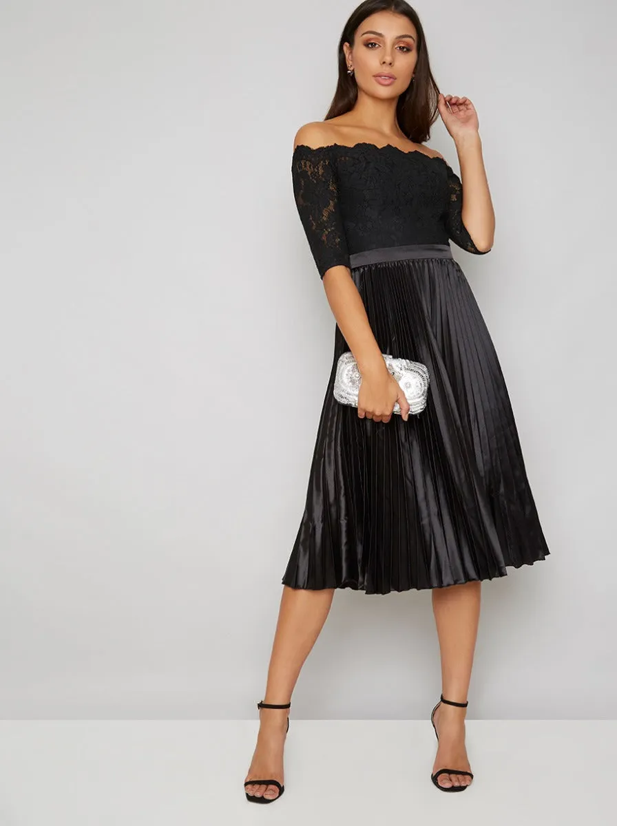 Bardot Lace Bodice Satin Pleat Midi Dress in Black sold by Chi Chi London