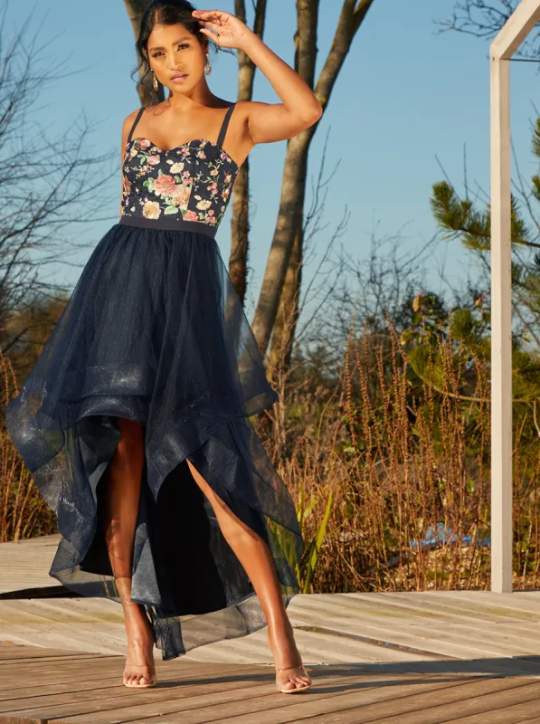 Embroidered Mesh Skirt Dip Hem Dress in Navy sold by Chi Chi London