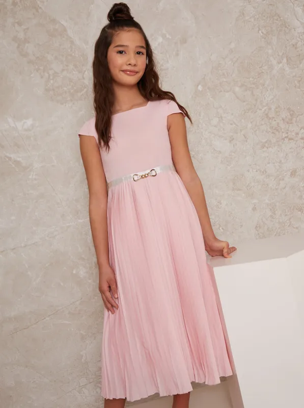 Girls Pleated Midi Dress with Belt Detail in Pink sold by Chi Chi London