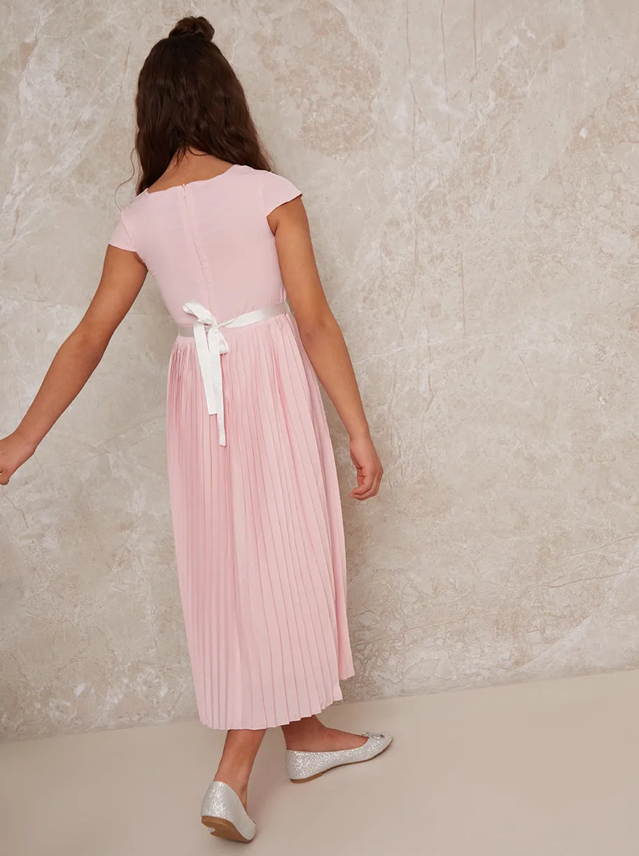 Girls Pleated Midi Dress with Belt Detail in Pink sold by Chi Chi London product image thumbnail 3