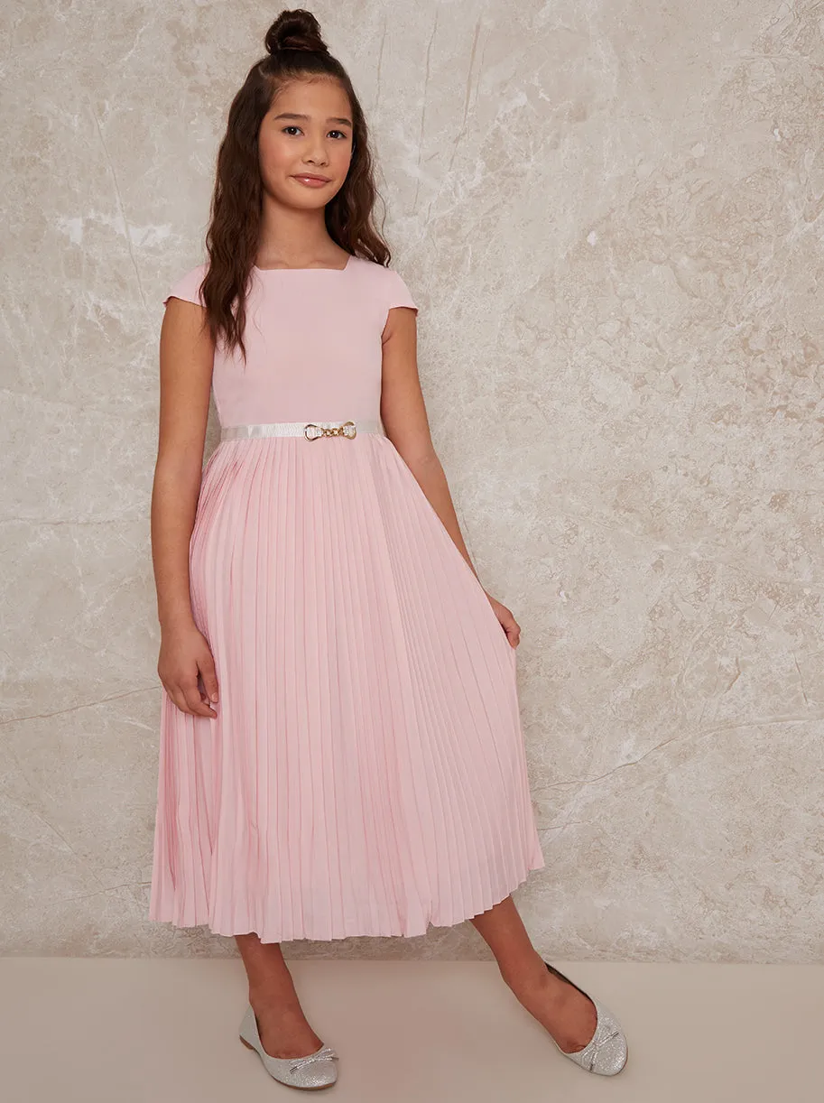 Girls Pleated Midi Dress with Belt Detail in Pink sold by Chi Chi London product image thumbnail 2