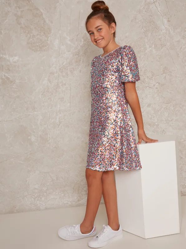Girls Sequin Shift Party Dress in Multi sold by Chi Chi London