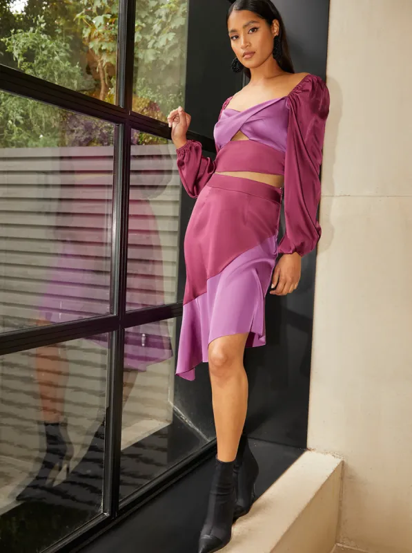 Asymmetric Midi Satin Skirt in Purple sold by Chi Chi London