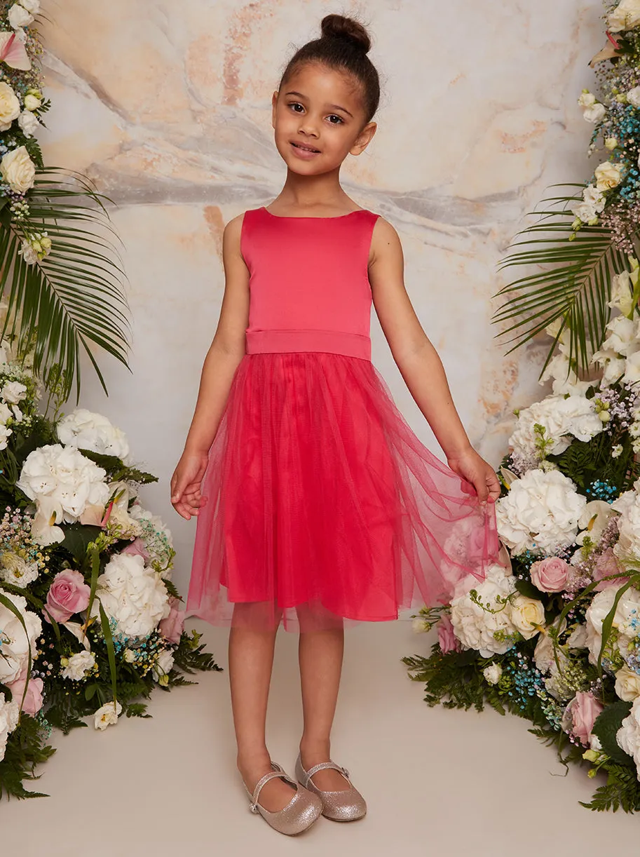 Girls Satin Bodice Tutu Midi Dress In Fuschia sold by Chi Chi London