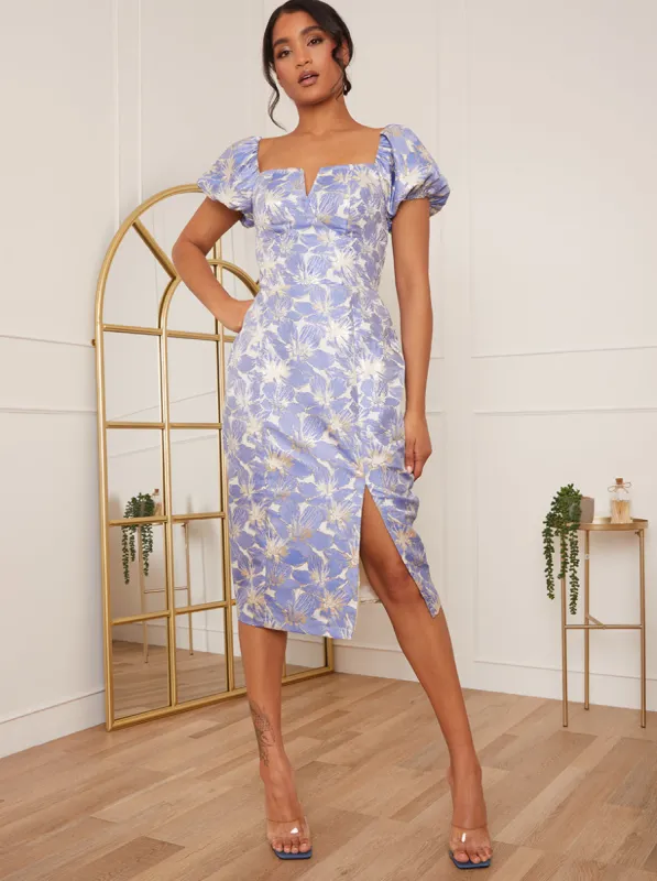 Short Puff Sleeve Jacquard Midi Dress in Blue sold by Chi Chi London