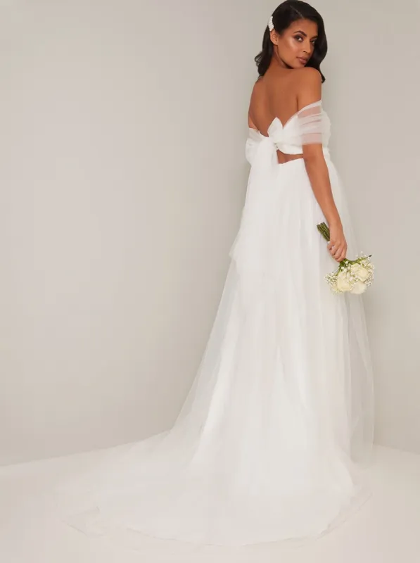 Bridal Bow Detail Tulle Wedding Dress in White sold by Chi Chi London