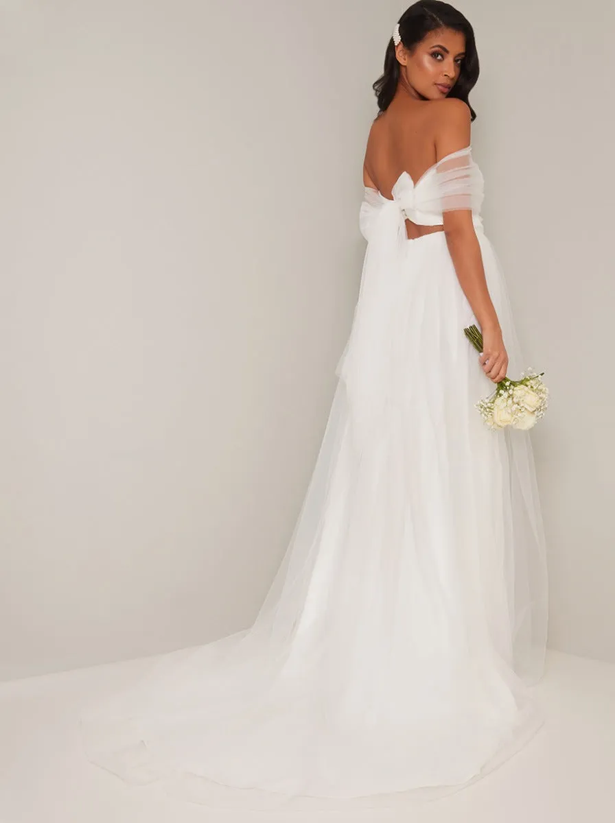 Bridal Bow Detail Tulle Wedding Dress in White sold by Chi Chi London