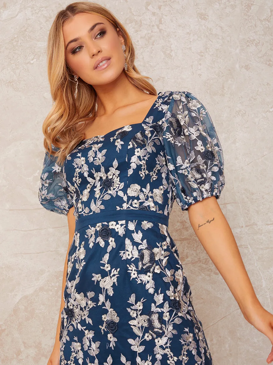 Square Neck Puff Sleeve Embroidered Mini Dress in Teal sold by Chi Chi London product image thumbnail 3