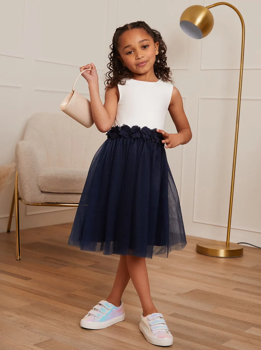 Younger Girls Contrast 3D Floral Tutu Dress in Navy sold by Chi Chi London