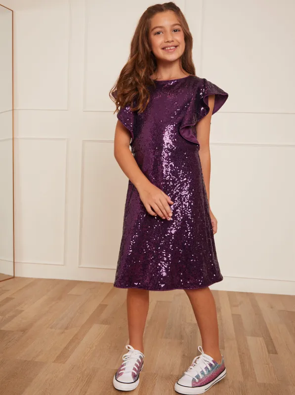 Older Girls Ruffle Sequin Midi Dress in Purple sold by Chi Chi London