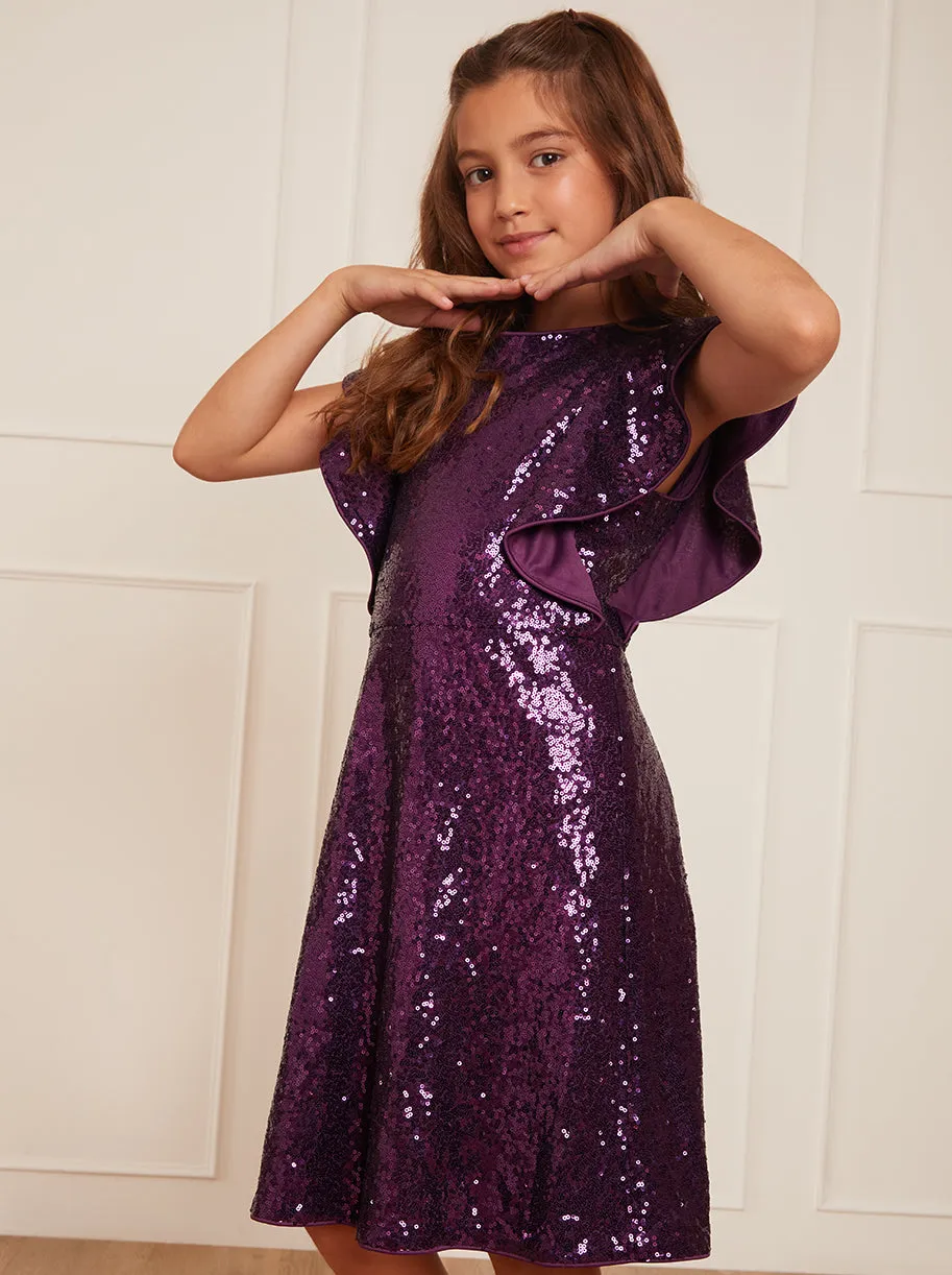 Older Girls Ruffle Sequin Midi Dress in Purple sold by Chi Chi London product image thumbnail 2