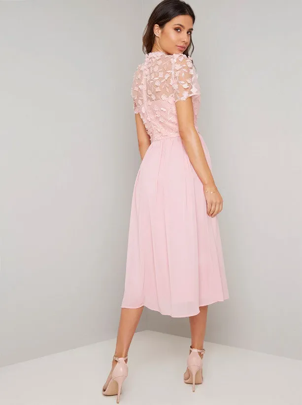 High Neck 3D Floral Chiffon Midi Dress in Pink sold by Chi Chi London product image thumbnail 4