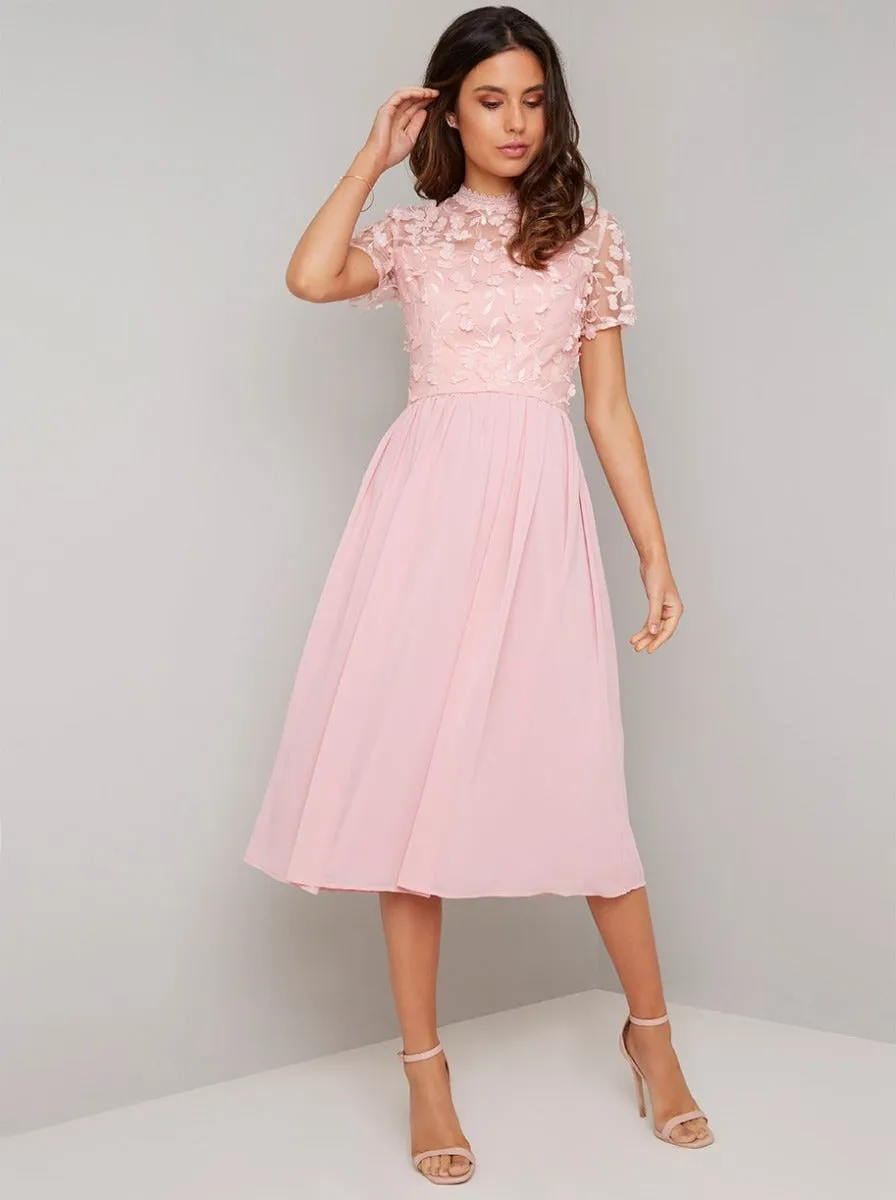 High Neck 3D Floral Chiffon Midi Dress in Pink sold by Chi Chi London product image thumbnail 2