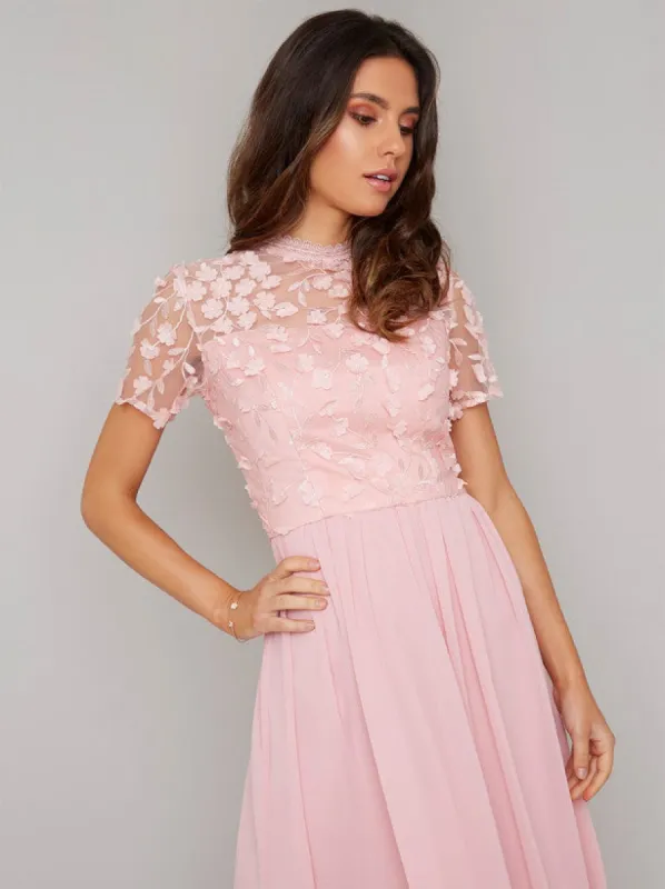 High Neck 3D Floral Chiffon Midi Dress in Pink sold by Chi Chi London