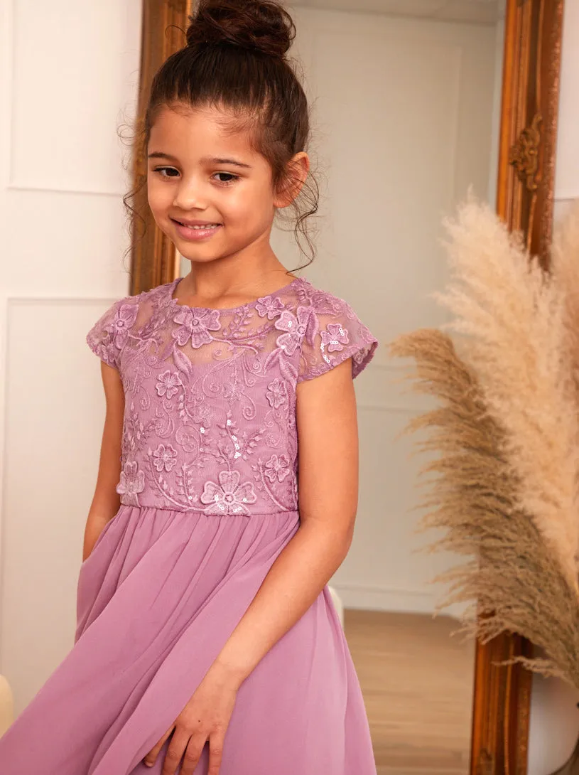Younger Girls Embroidered Midi Dress in Purple sold by Chi Chi London