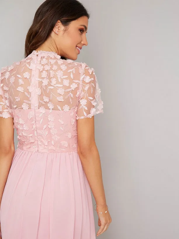 High Neck 3D Floral Chiffon Midi Dress in Pink sold by Chi Chi London product image thumbnail 3