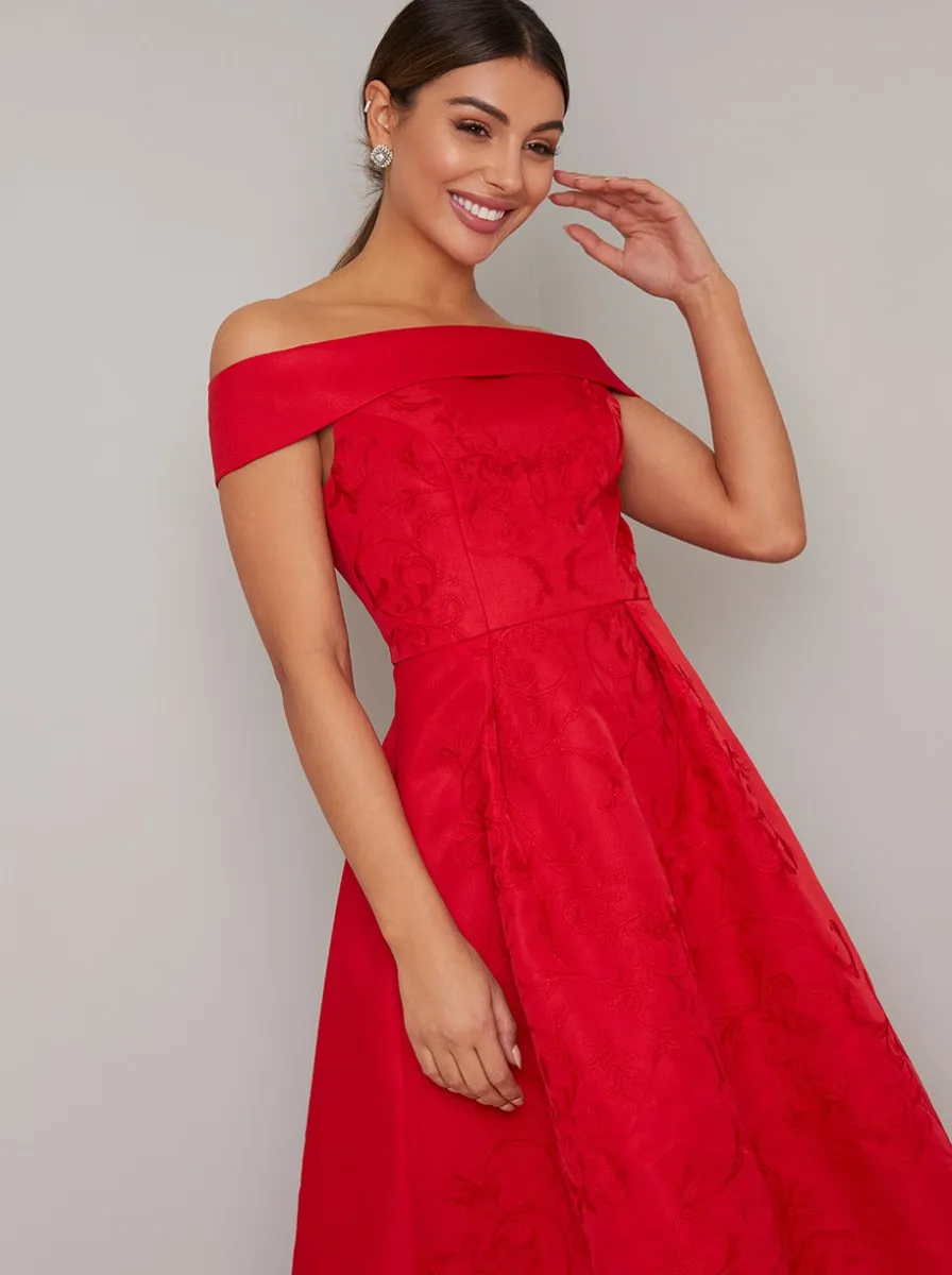 Bardot Neckline Embroidered Midi Dip Hem Dress in Red sold by Chi Chi London product image thumbnail 3