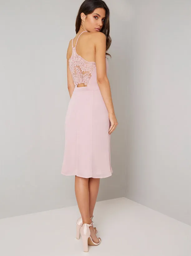 Halterneck Lace Back Midi Dress In Mink sold by Chi Chi London