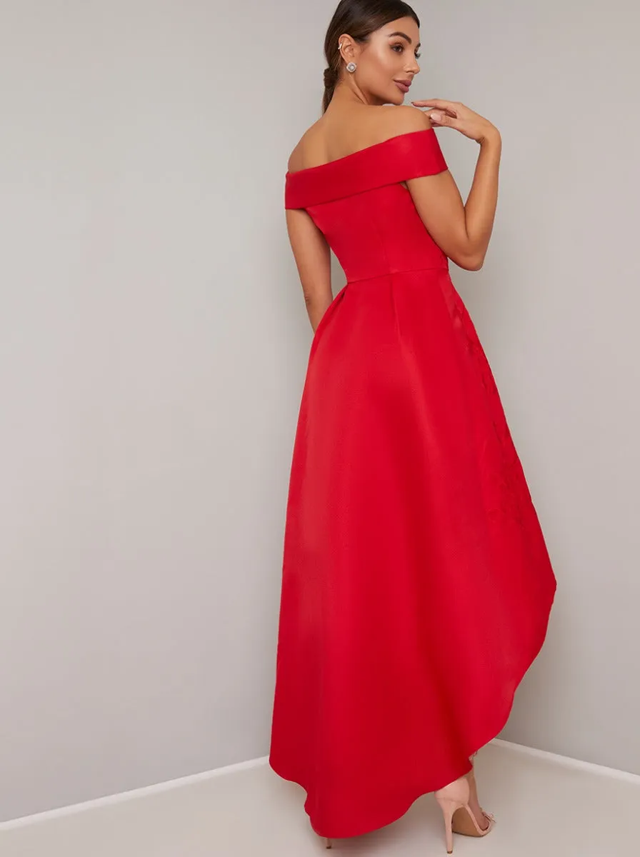 Bardot Neckline Embroidered Midi Dip Hem Dress in Red sold by Chi Chi London product image thumbnail 4