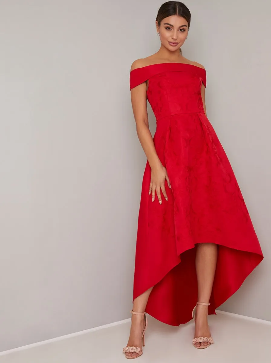Bardot Neckline Embroidered Midi Dip Hem Dress in Red sold by Chi Chi London