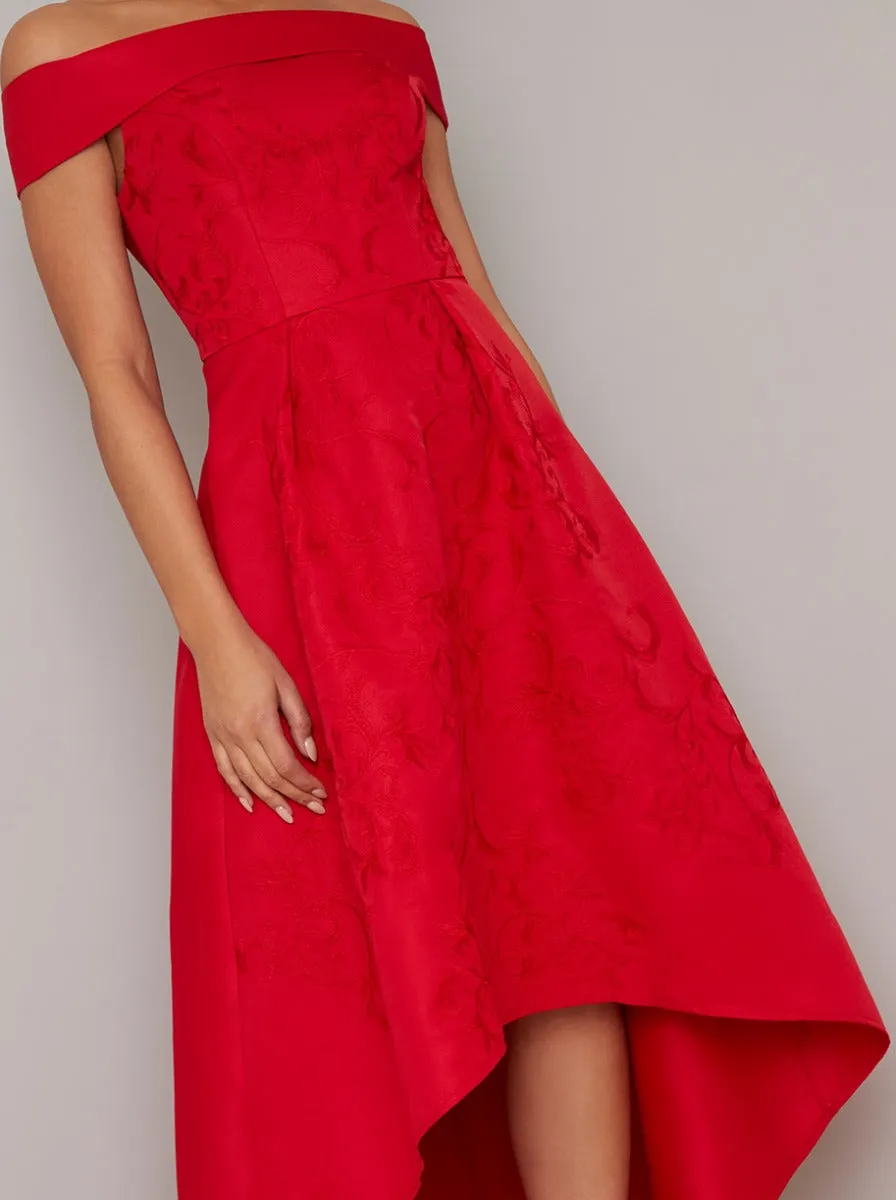 Bardot Neckline Embroidered Midi Dip Hem Dress in Red sold by Chi Chi London product image thumbnail 2