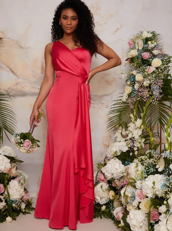 One Shoulder Satin Finish Maxi Dress in PInk sold by Chi Chi London