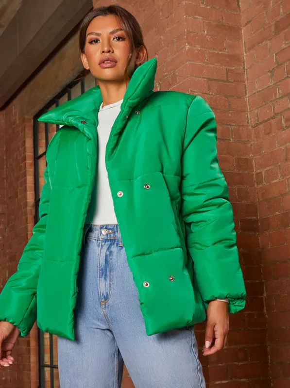 Oversized Duvet Short Padded Coat in Green sold by Chi Chi London