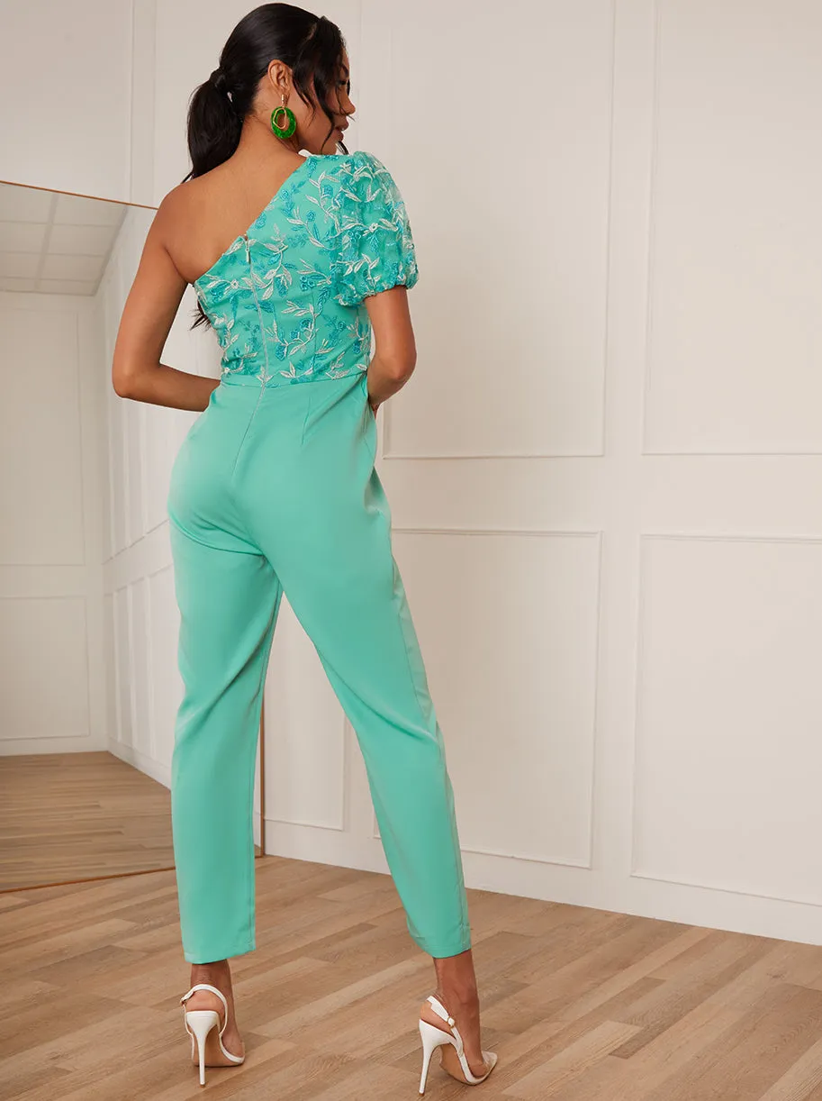 One Shoulder Puff Sleeve Embroidered Jumpsuit in Green sold by Chi Chi London product image thumbnail 4