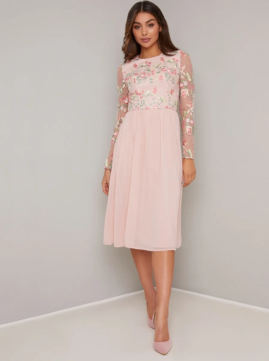 Long Sleeved Floral Lace Midi Dress in Pink sold by Chi Chi London product image thumbnail 2
